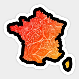 Colorful mandala art map of France with text in red and orange Sticker